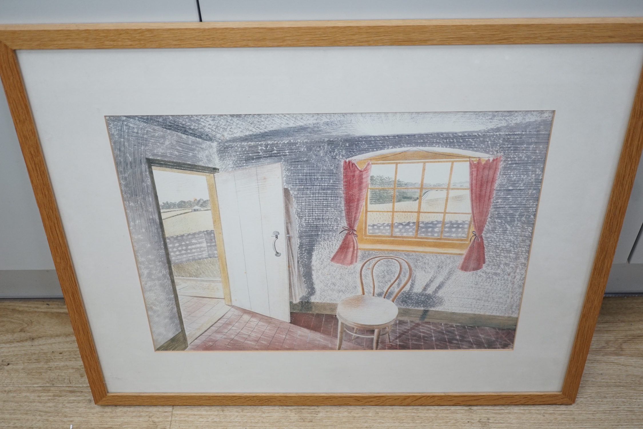 After Eric Ravilious, colour print, Cottage interior, signed in the plate and dated 1939, 34 x 45cm